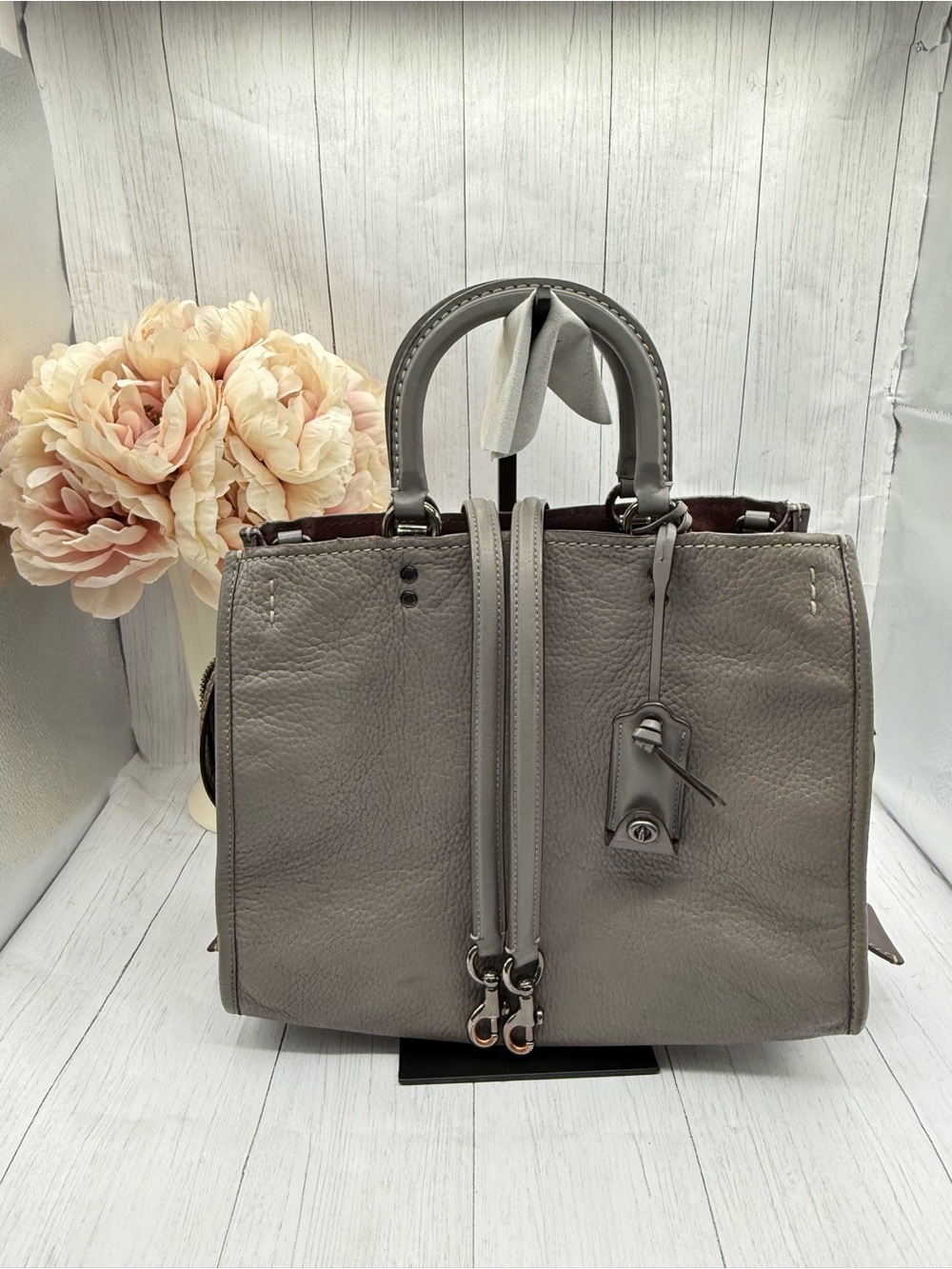 Coach Rogue 31 Grey Pebbled Leather with Maroon Side Panels. Model 23755